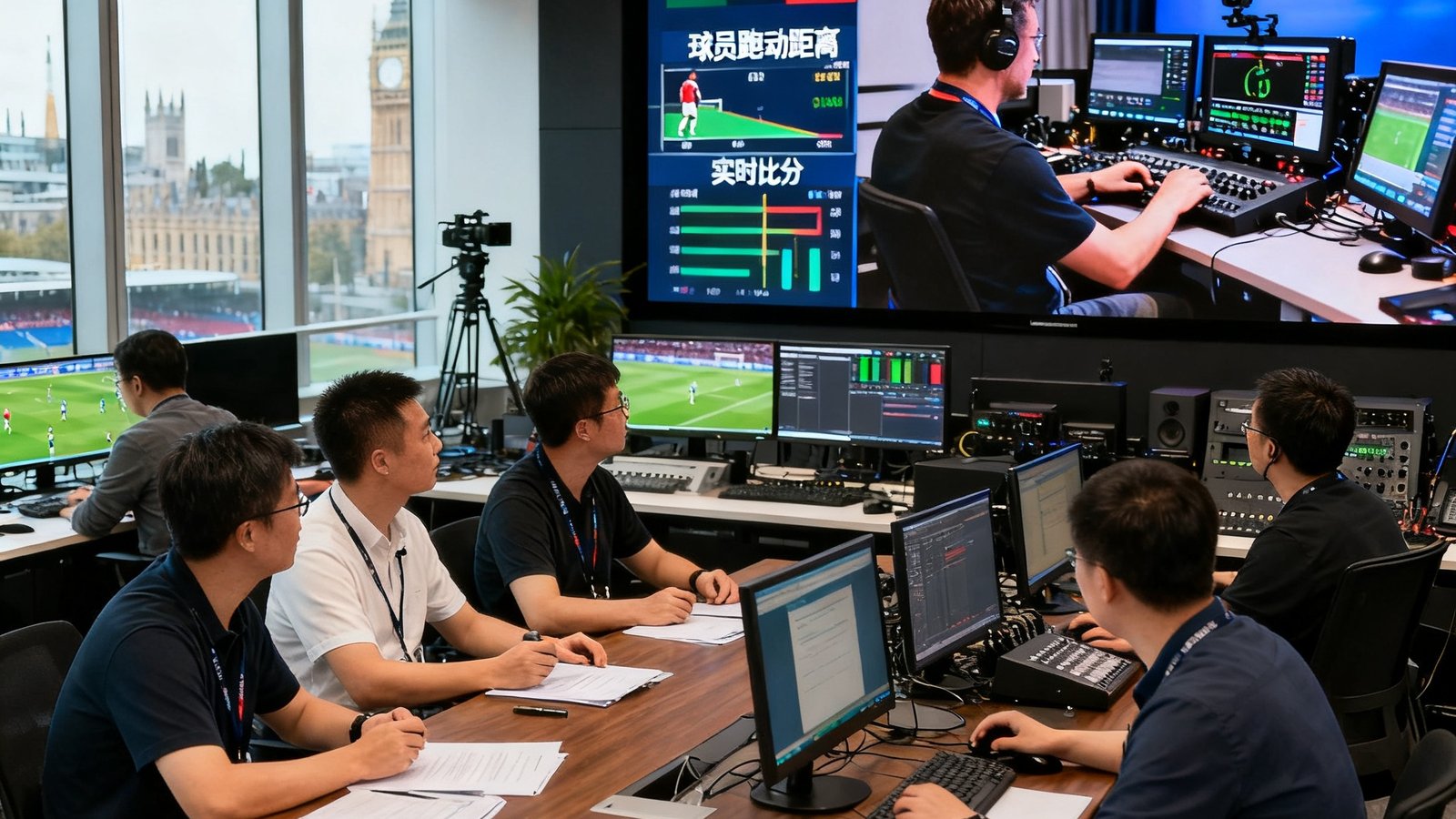 英超直播吧团队在北京办公室和伦敦办事处的工作场景，背景屏幕显示实时比赛数据